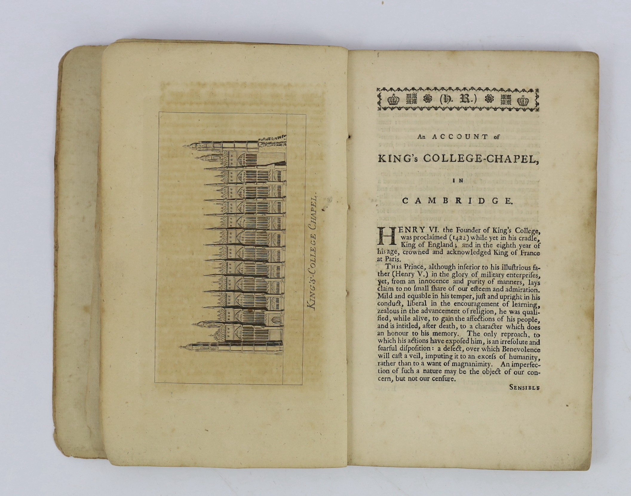 CAMBS: Malden, Henry - An Account of King's College Chapel, in Cambridge ... portrait frontis, & plate; old grey wrappers. Cambridge: printed for the Author ... 1769